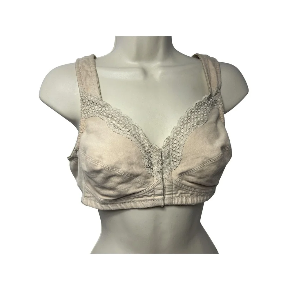 Exquisite Form Bra Womens‎ 38B Beige Lace Longline Wireless Front Close Unpadded